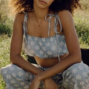 Billabong X Wrangler Blue Perfect Pair Tie Strap Floral Denim Crop Top Small